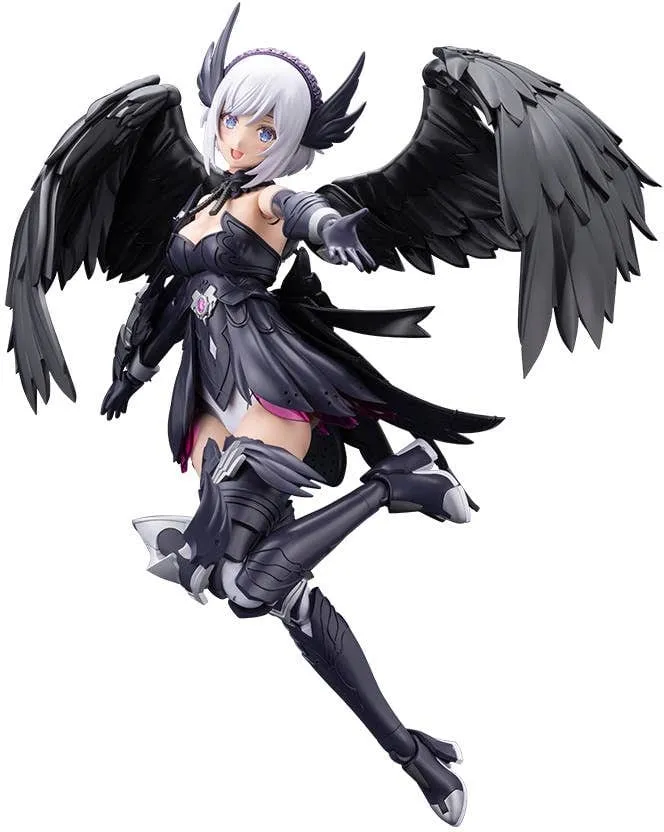 Kotobukiya Arcanadea Grande Scale Lumitea ReACT-A plastic model kit, a white-haired angel girl with large black feathered wings in dark armor, leaping with one arm outstretched, product photo