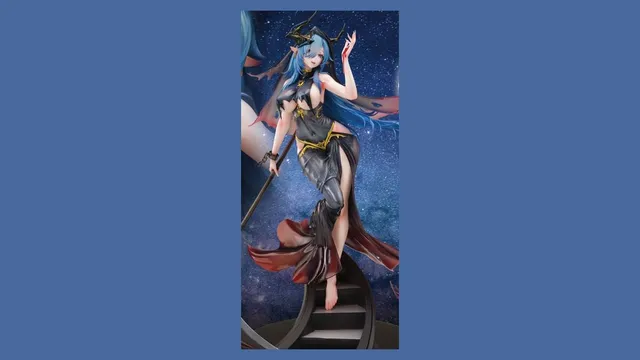 Daiki Kougyou 1/6 scale figure of Mary Celeste in her Grim Night's Reaper skin from Azur Lane, a long blue-haired character with horns and pointed ears in a dark tattered gown holding a large black and gold scythe, standing on a stepped base against a starry background, official product image