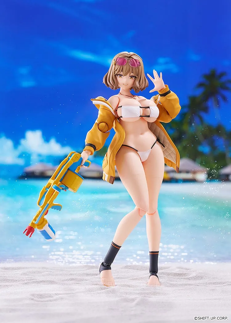 figma Anis: Sparkling Summer from Goddess of Victory: Nikke holding her Libertine Aqua water gun on a beach, official product photo
