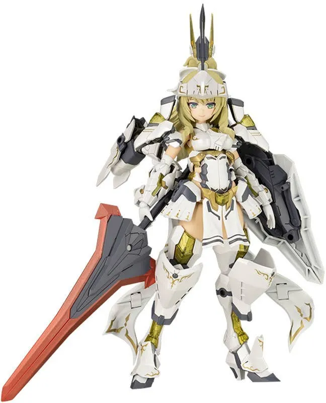 Kotobukiya Frame Arms Girl Durga II plastic model kit, a blonde mecha girl in white and gold knight armor with a crested helmet, holding a large red greatsword and a gray shield, product photo