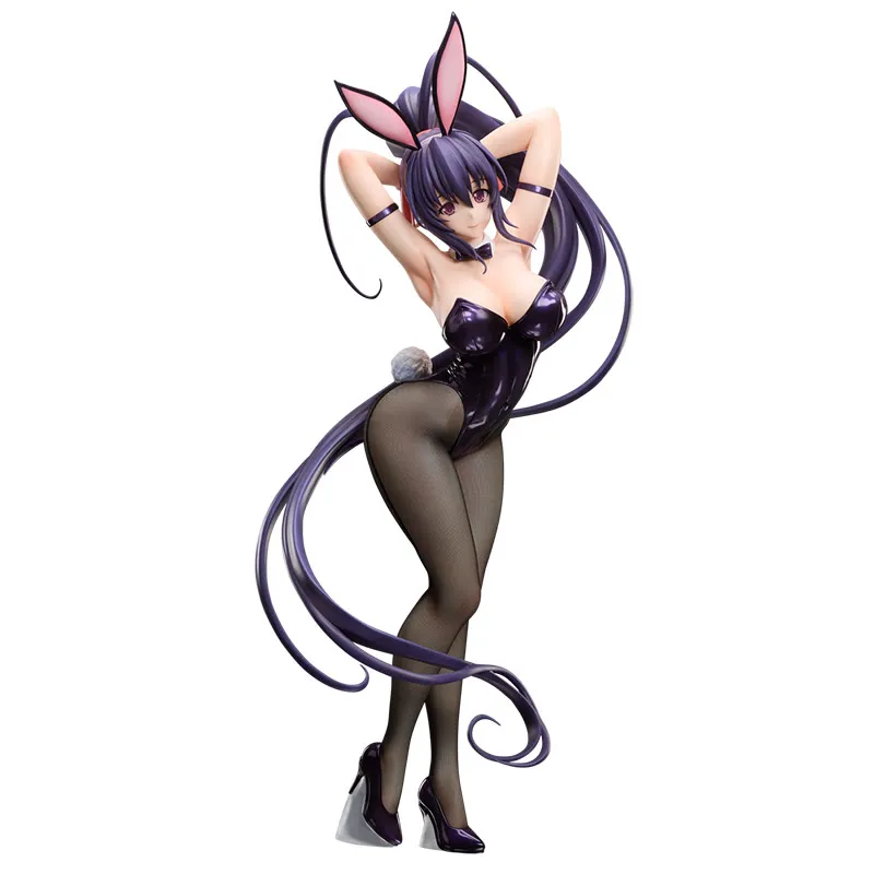 FREEing 1/3 scale figure of Akeno Himejima from High School DxD HERO in a dark purple bunny suit and fishnet tights, standing with both arms raised behind her head, long black ponytail reaching the base, official product photo