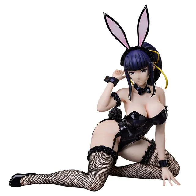 FREEing 1/4 scale figure of Narberal Gamma from Overlord in a black bunny suit and fishnet tights, seated with one arm raised, long dark ponytail tied with a yellow ribbon, official product photo