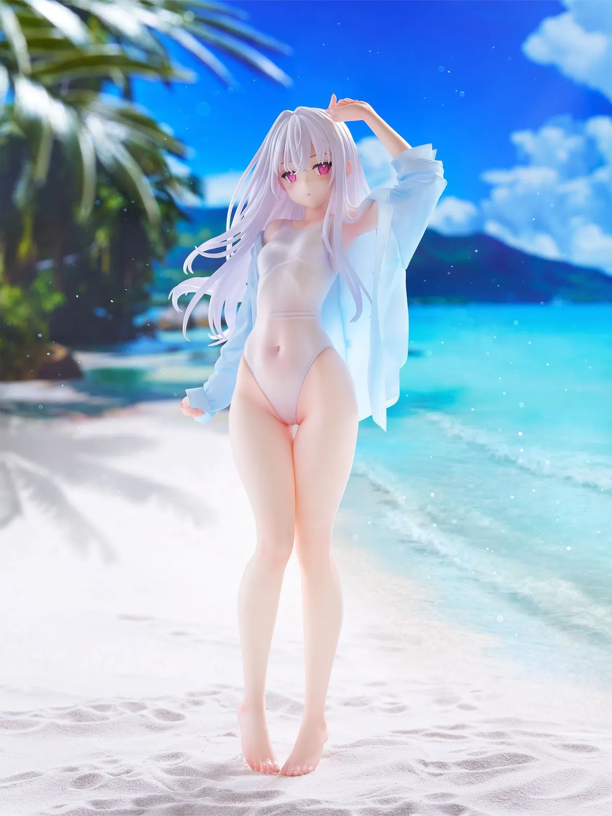 FURYU TENITOL TALL shiro Swimsuit ver. figure from MIGNON WORKS in a white one-piece swimsuit and sheer light-blue shirt, official product photo