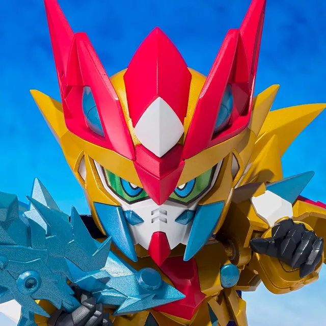 Ganso SD Gundam World Holy Dragon Knight Zero Gundam model kit built up in blue-metallic plastic with its cloth cape, official product photo