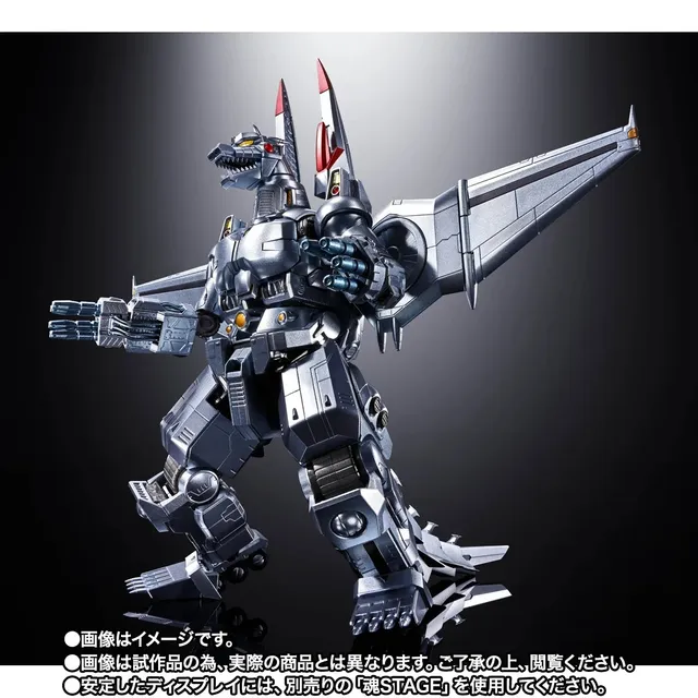 Chogokin Mechagodzilla (Noriyoshi Ohrai Poster Ver.) painted prototype in glossy blue-silver with twin tail fins and a shoulder cannon, official product photo