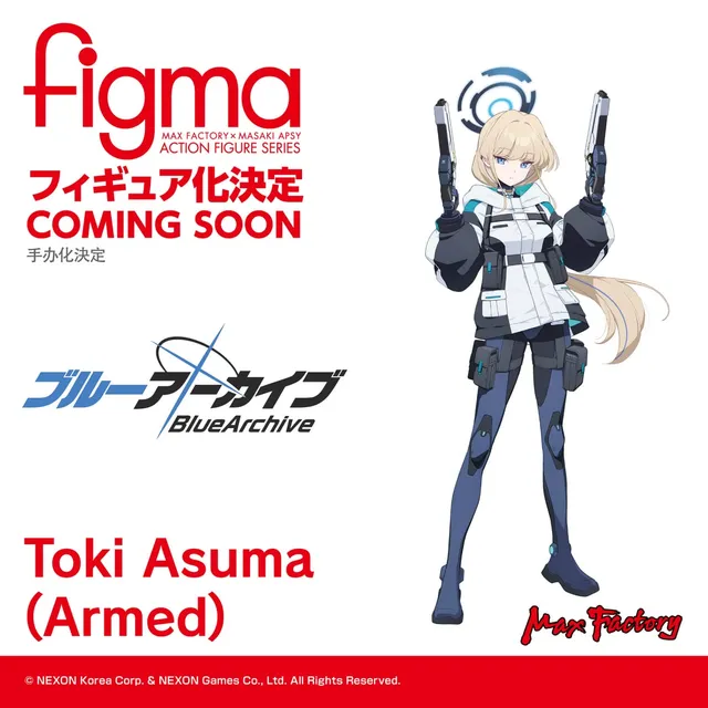 Max Factory announcement card for figma Toki Asuma (Armed) from Blue Archive, marked Coming Soon
