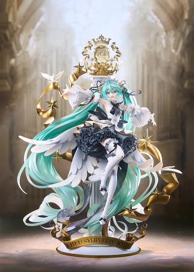 Good Smile Company 1/7 scale figure of Hatsune Miku in a ruffled black-and-white dress on a column base with gold star ribbons, doves and a "Miku Symphony 10th" banner, official product photo