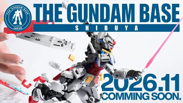 THE GUNDAM BASE SHIBUYA teaser graphic with the Gundam Base Japan logo, an RX-78-2 Gunpla mid-assembly and a 2026.11 Coming Soon date