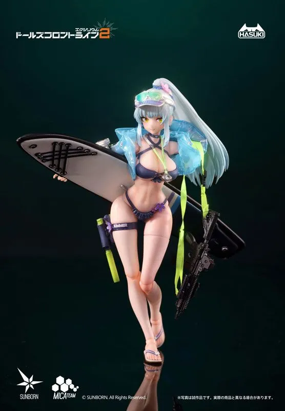 HASUKI pocket art PA013 Klukai Cerulean Breaker Ver. 1/12 action figure from Girls' Frontline 2: Exilium, a silver-haired T-Doll with a high ponytail in a dark blue bikini, translucent teal jacket and sun visor pushed up on her head, carrying a surfboard under one arm and an assault rifle in the other hand, product photo of the prototype