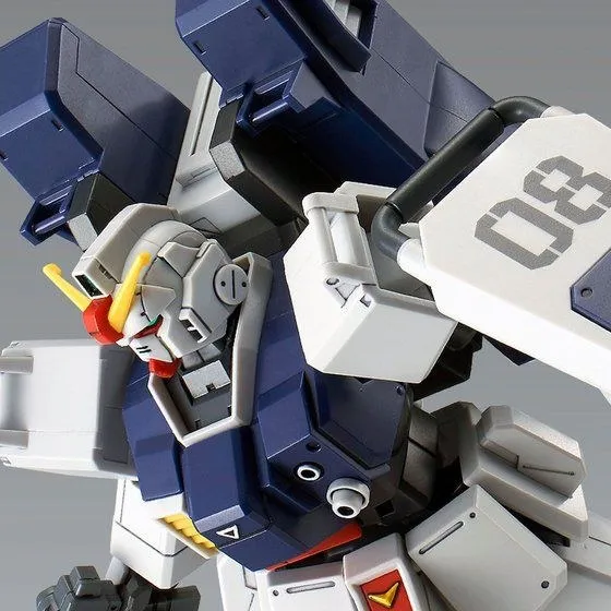 HG 1/144 Ground Gundam (Parachute Pack) plastic model kit seen from behind, the boxy navy-blue parachute pack mounted on its back and an 08 marking on the shield, official product photo