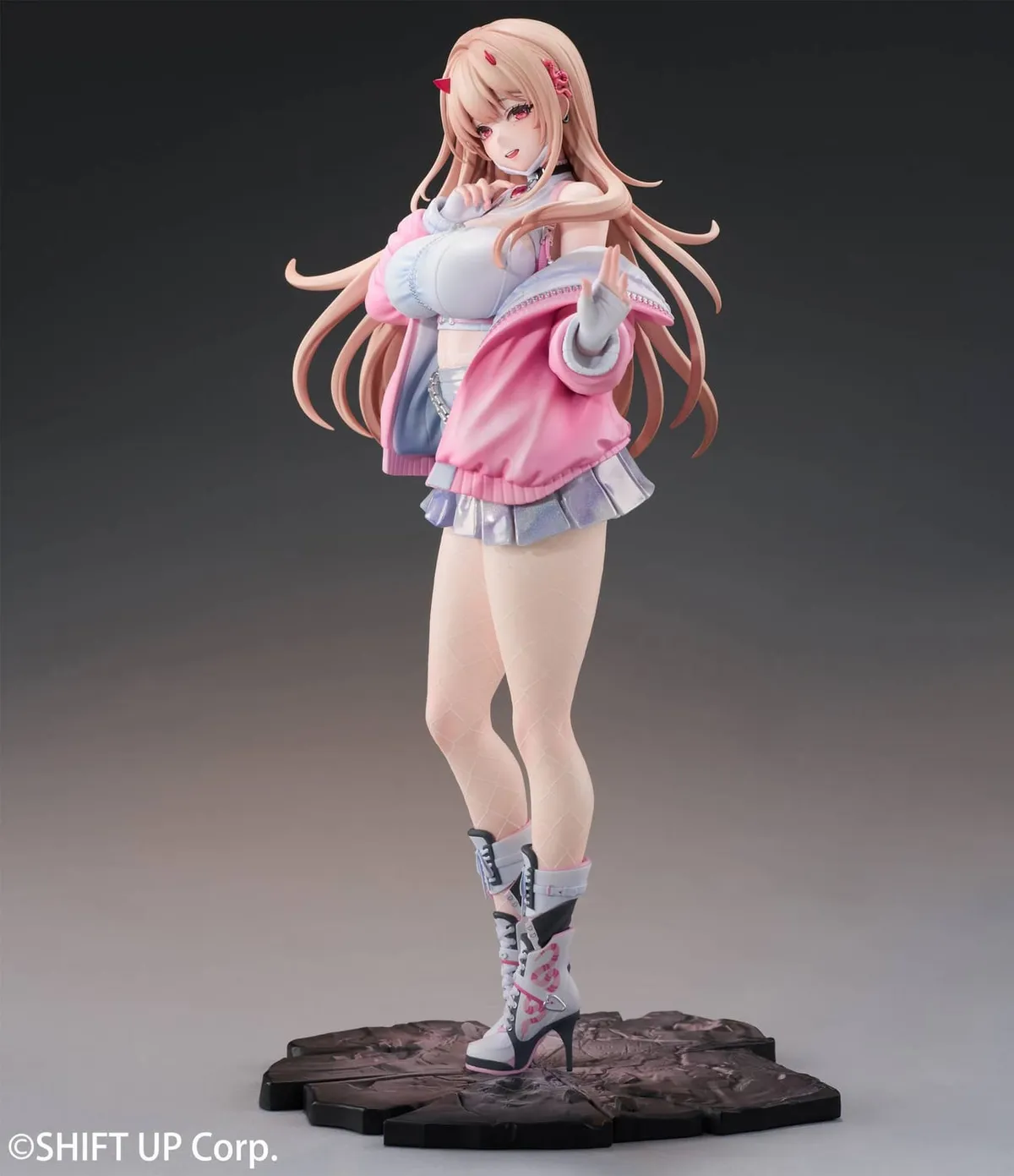 Hobby sakura 1/7 scale Viper Illustration ver. figure from Goddess of Victory: Nikke in a pink jacket and iridescent miniskirt on a cracked-ground base, product photo