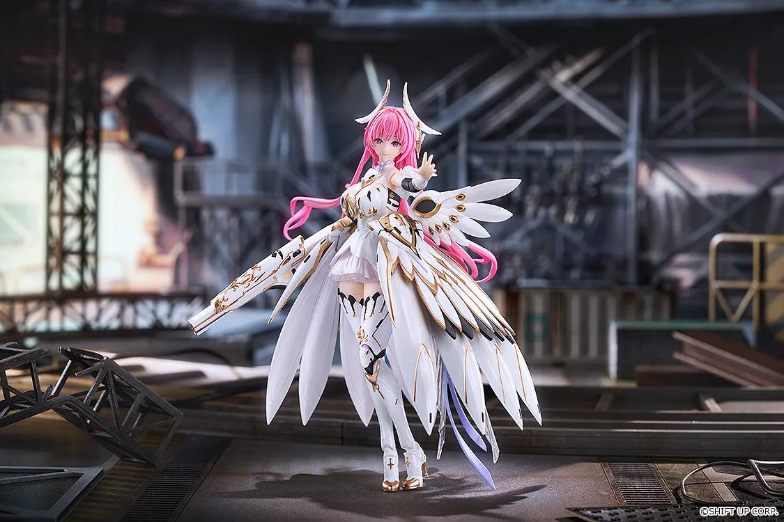 Hyper Body Dorothy posable figure from Goddess of Victory: Nikke, pink hair and white-and-gold outfit with mechanical wings and her weapon Ungrateful OZ, official product photo