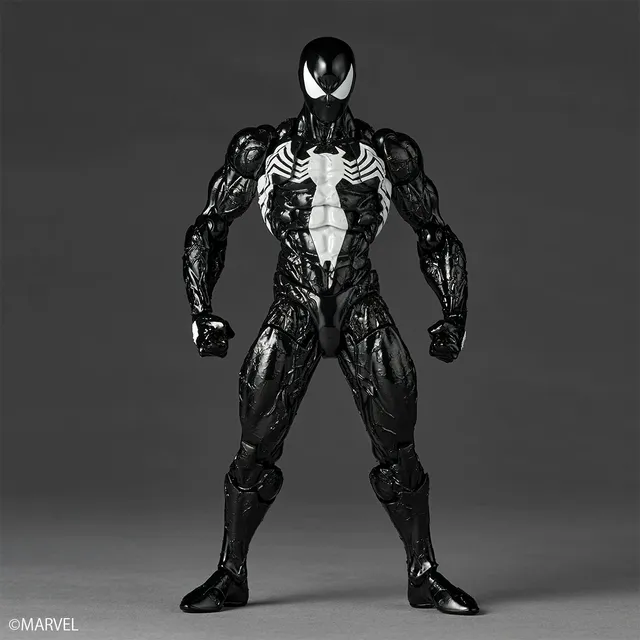 Kaiyodo Revoltech Amazing Yamaguchi Symbiote Spider-Man action figure, a black-suited Spider-Man with white spider emblem and large white eye lenses crouched in a dynamic pose with organic symbiote detailing across the body, official product photo