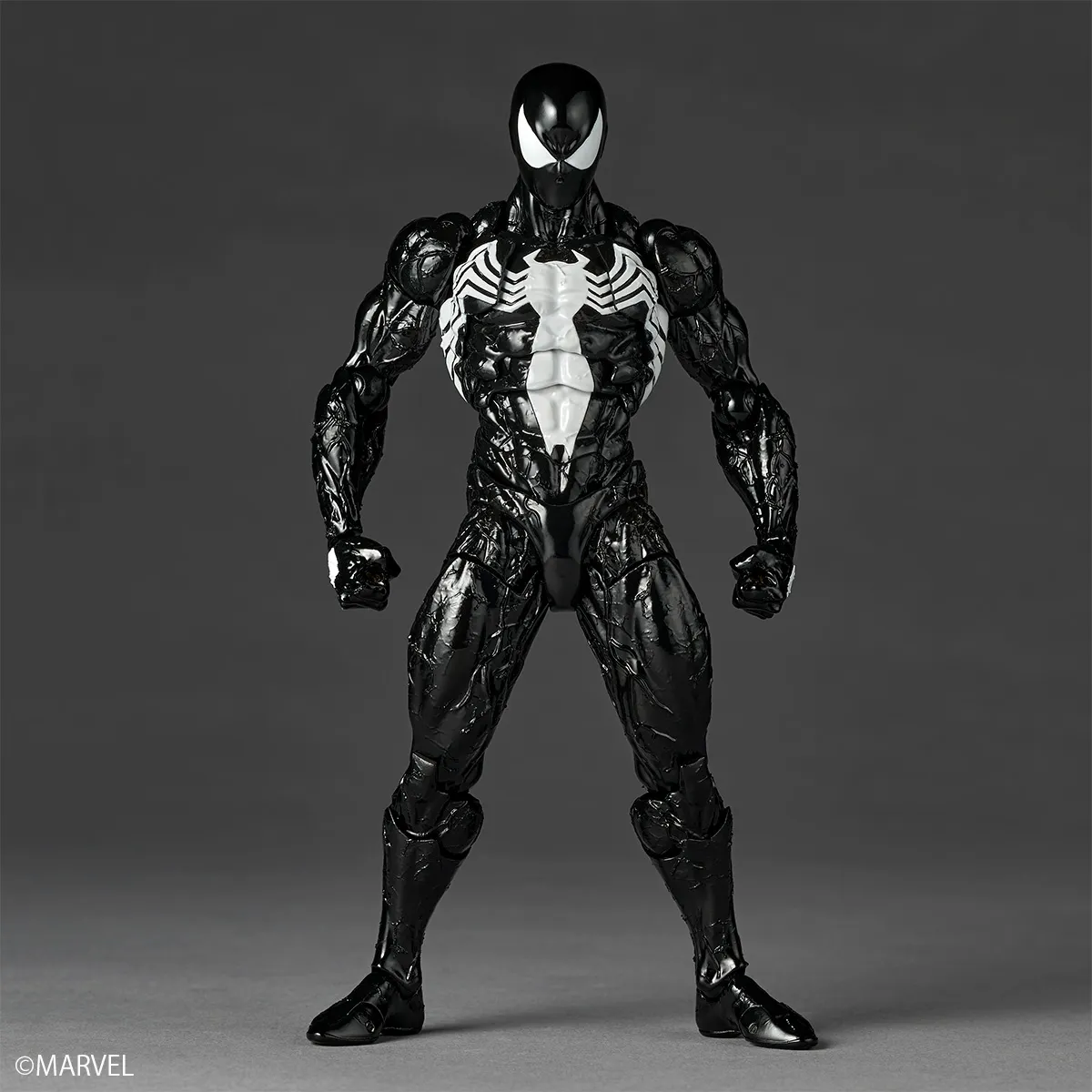 Kaiyodo Revoltech Amazing Yamaguchi Symbiote Spider-Man action figure, a black-suited Spider-Man with white spider emblem and large white eye lenses crouched in a dynamic pose with organic symbiote detailing across the body, official product photo