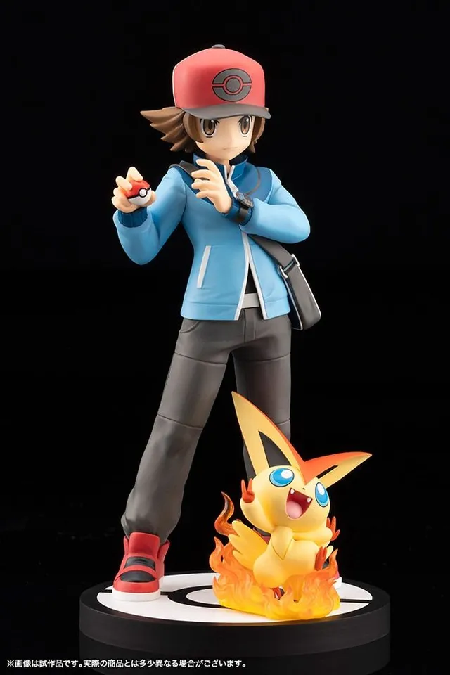 Kotobukiya ARTFX J 1/8 scale figure of Pokémon trainer Hilbert with Victini, official product photo