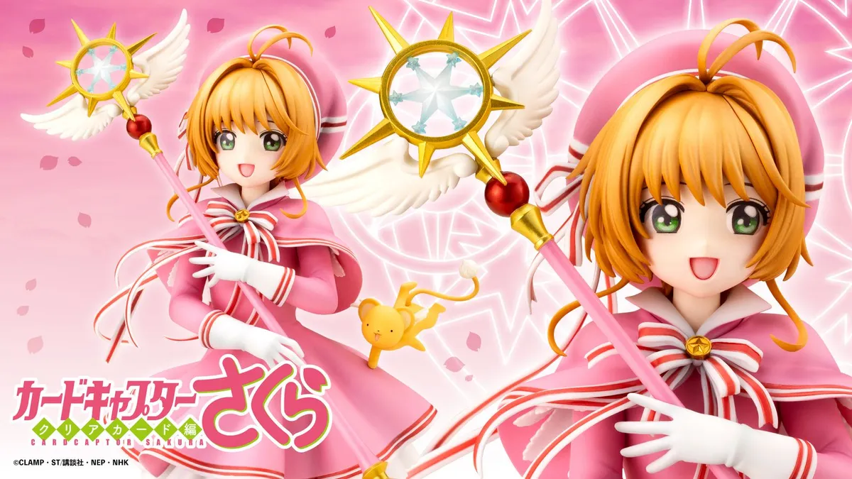 Kotobukiya 1/7 scale figure of Sakura Kinomoto in her pink Siege battle costume holding the Dream Staff, with Kero-chan on a pink acrylic base, official product photo