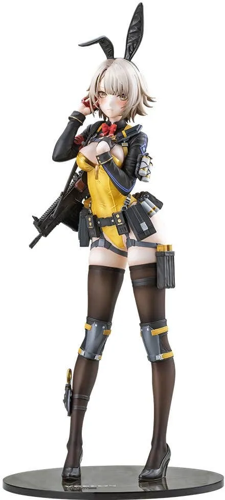 Kotobukiya 1/7 scale Vector Tactical Bunny Ver. figure from Girls' Frontline 2: Exilium, a short-haired T-Doll in a yellow bunny leotard under a black jacket with tactical pouches, black stockings, bunny-ear headband and a submachine gun, product photo