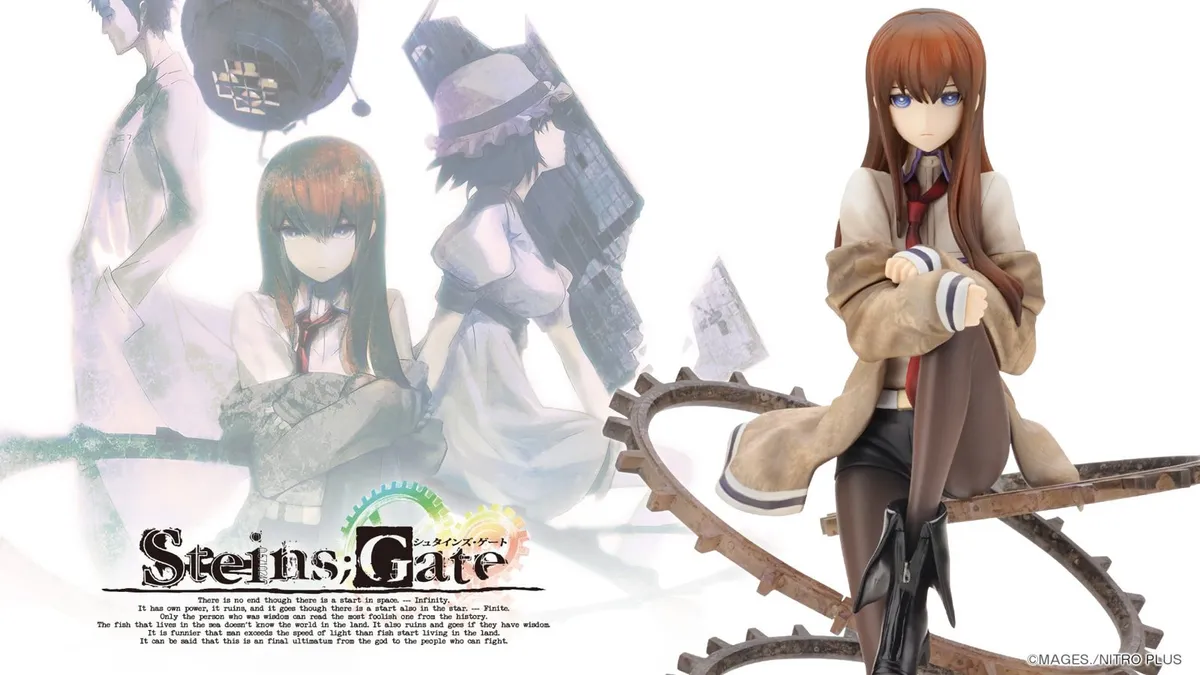 Kurisu Makise 1/8 scale figure by Kotobukiya, seated on a base of interlocking gears