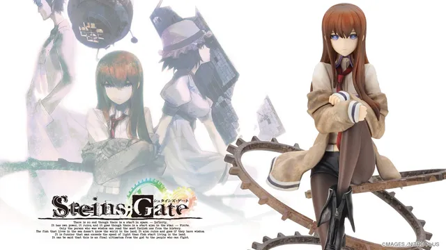 Kurisu Makise 1/8 scale figure by Kotobukiya, seated on a base of interlocking gears