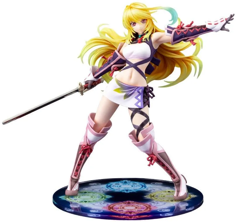 Kotobukiya 1/8 scale Milla Maxwell figure from Tales of Xillia, sword raised with long blonde hair in translucent parts, standing on a base with four colored magic circles, product photo
