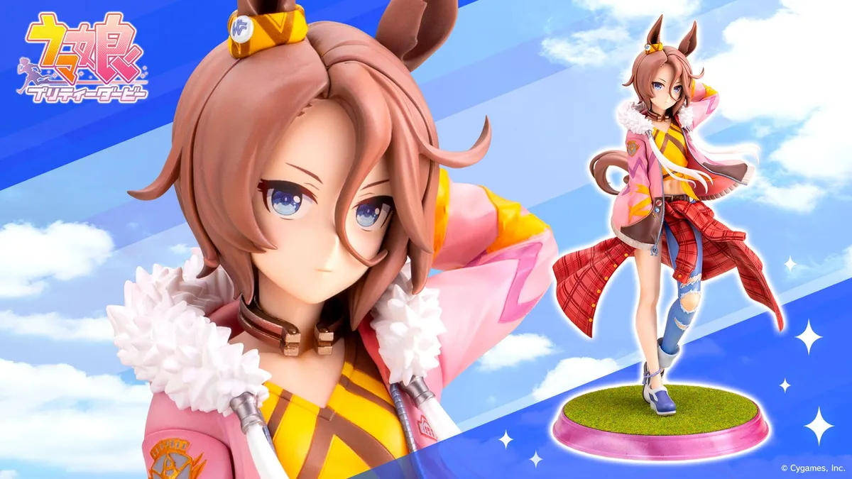 Kotobukiya 1/7 scale Narita Taishin figure from Umamusume: Pretty Derby in her race outfit on a turf base, official product photo