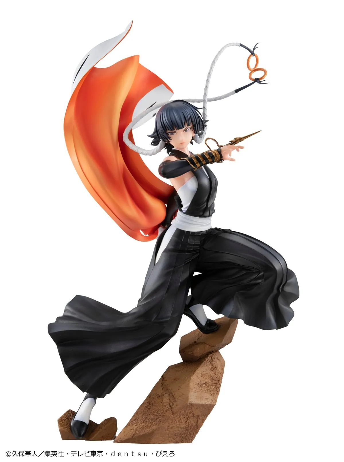 MegaHouse GALS series Soi Fon figure from Bleach, a slim dark-haired woman in a black sleeveless Soul Reaper uniform with her captain's haori falling away, the Suzumebachi stinger on her right hand and her hair and hakama caught in motion, official product photo