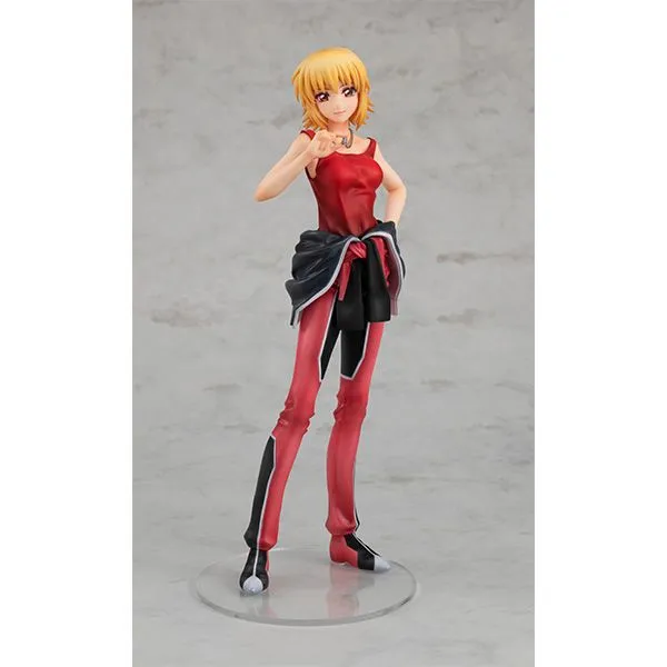 MegaHouse GGG series Cagalli Yula Athha Pilot Suit Ver. figure from Mobile Suit Gundam SEED FREEDOM, a short-haired blonde woman in a red and black pilot suit with the top tied around her waist over a red tank top, one hand raised with a ring, standing on a clear round base, official product photo