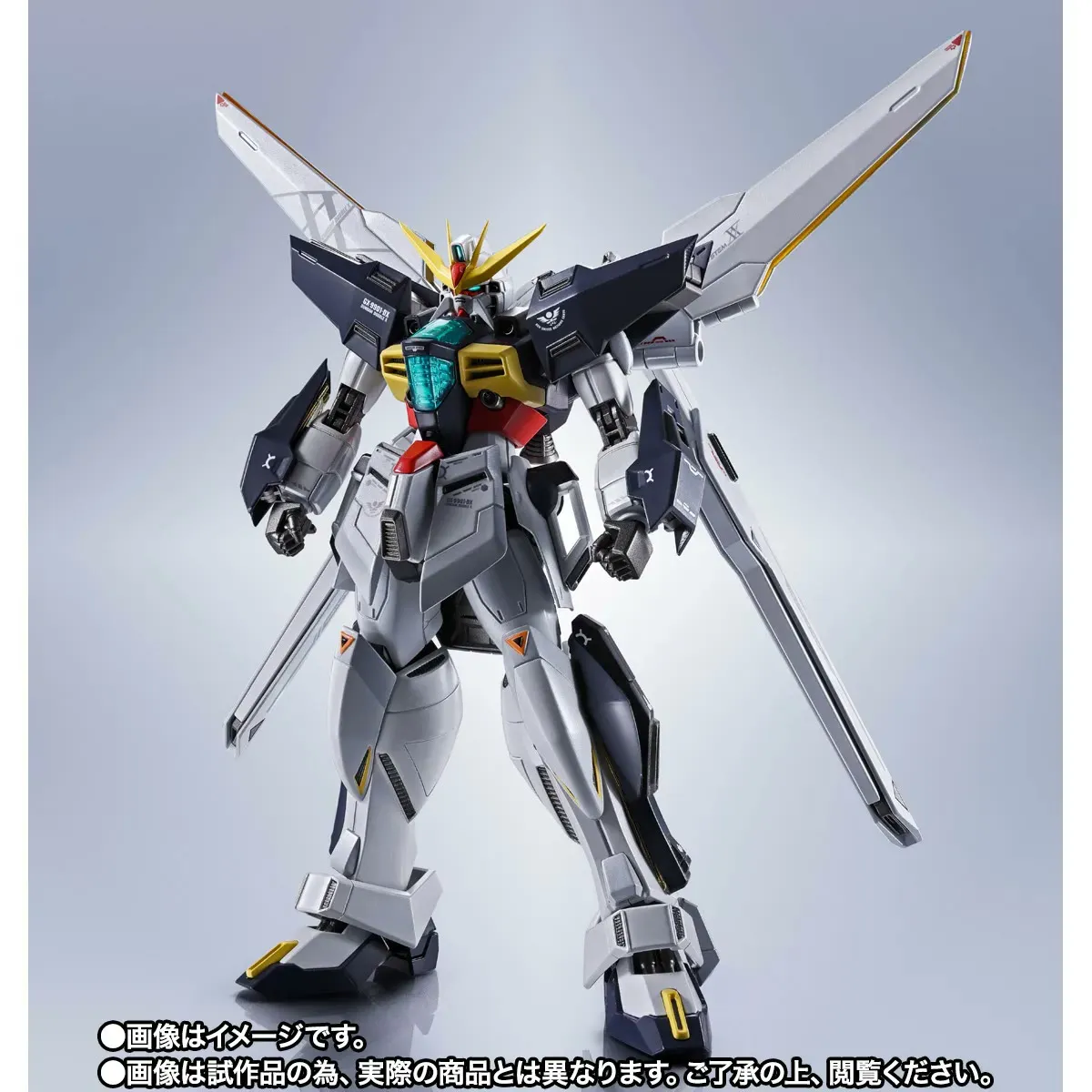 METAL ROBOT SPIRITS Gundam Double X painted prototype standing with the twin satellite cannons folded behind its shoulders, official product photo