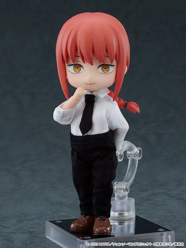 Good Smile Company Nendoroid Doll Makima from Chainsaw Man - The Movie: Reze Arc, with braided red hair and yellow eyes, wearing a white dress shirt, black necktie, black slacks and brown shoes on a clear stand, official product photo