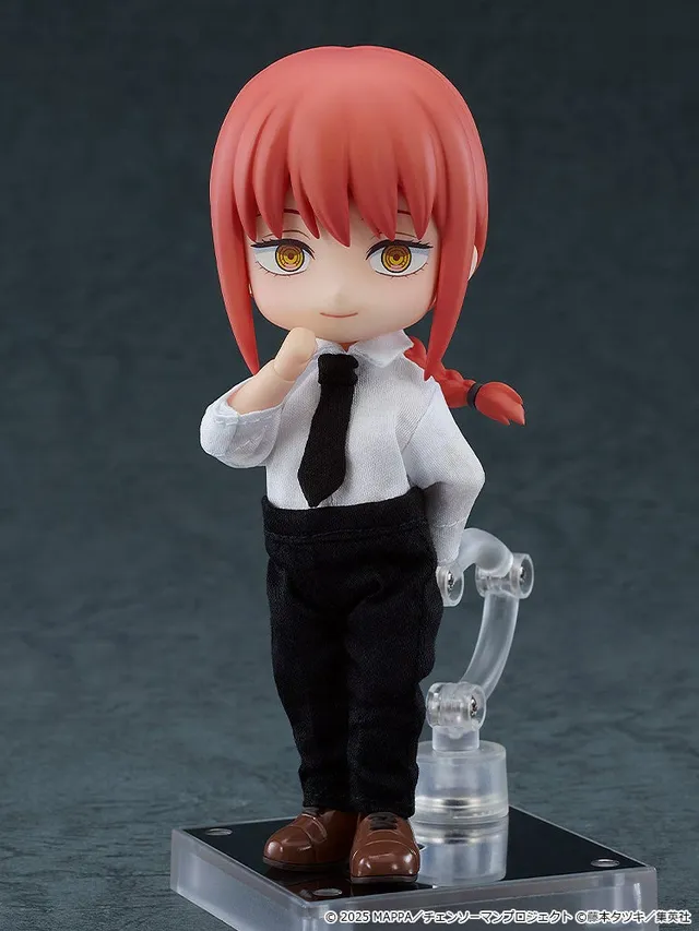 Good Smile Company Nendoroid Doll Makima from Chainsaw Man - The Movie: Reze Arc, with braided red hair and yellow eyes, wearing a white dress shirt, black necktie, black slacks and brown shoes on a clear stand, official product photo