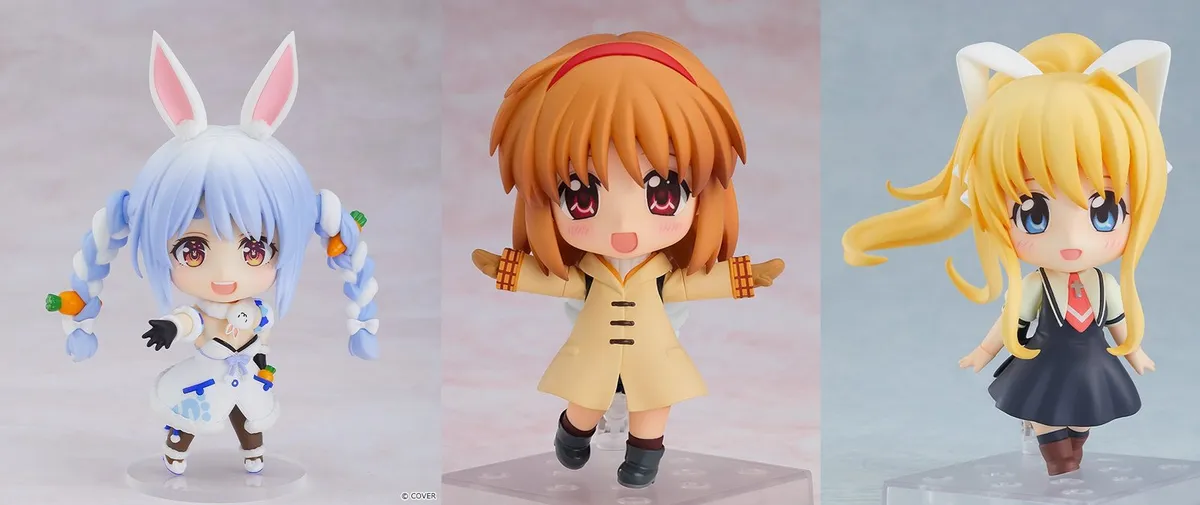 Three Nendoroid figures side by side: Usada Pekora from hololive in her blue and white outfit with rabbit ears, Ayu Tsukimiya from Kanon in a beige duffel coat and red headband with arms spread, and blonde Misuzu Kamio from Kaginado in a dark school uniform, official Good Smile product photos
