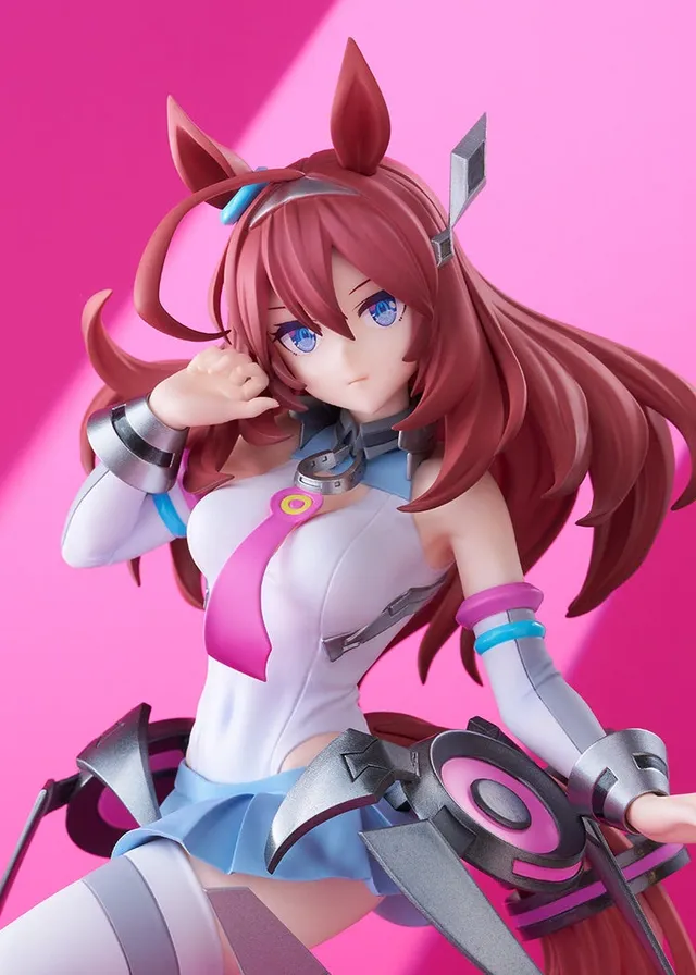 Good Smile Company POP UP PARADE SP Mihono Bourbon figure from Umamusume: Pretty Derby, long reddish-brown hair and blue eyes, white racing outfit with a pink necktie, light blue skirt and silver mechanical armor pieces, official product photo