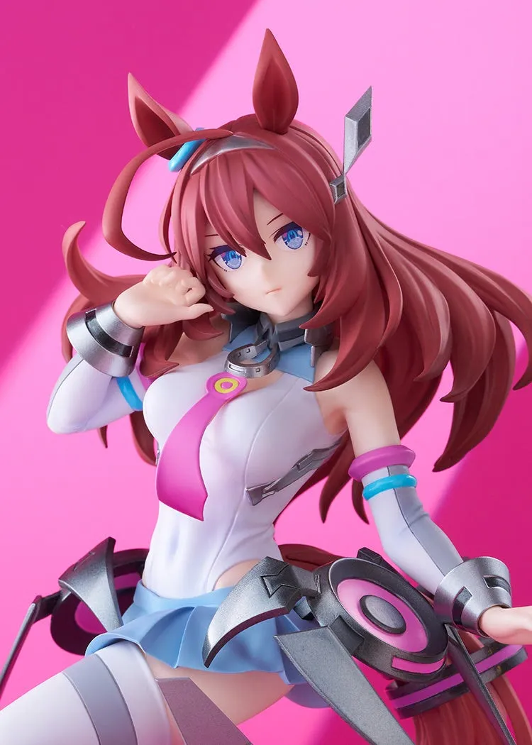 Good Smile Company POP UP PARADE SP Mihono Bourbon figure from Umamusume: Pretty Derby, long reddish-brown hair and blue eyes, white racing outfit with a pink necktie, light blue skirt and silver mechanical armor pieces, official product photo