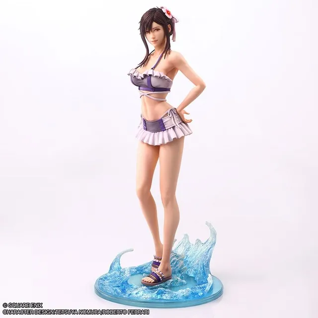 Square Enix STATIC ARTS Tifa Lockhart -Swimsuit Ver.- statue from Final Fantasy VII Rebirth on a clear wave base, official product photo