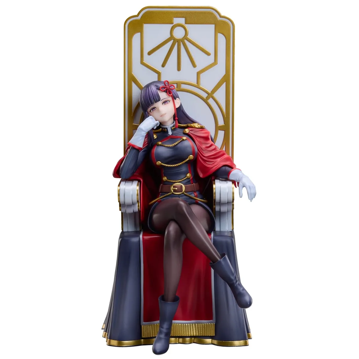 Union Creative 1/6 scale figure of Ren Yamashiro from Chained Soldier 2, seated cross-legged on an ornate chair in her dark Demon Defense Force uniform and cape, official product photo