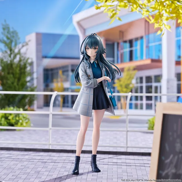 Union Creative 1/6 scale Temari Tsukimura figure from Gakuen iDOLM@STER, a dark-haired idol in a gray plaid coat over a navy shirt and dark culottes, teal shoulder bag, standing on a plaza in front of a glass building, official product photo