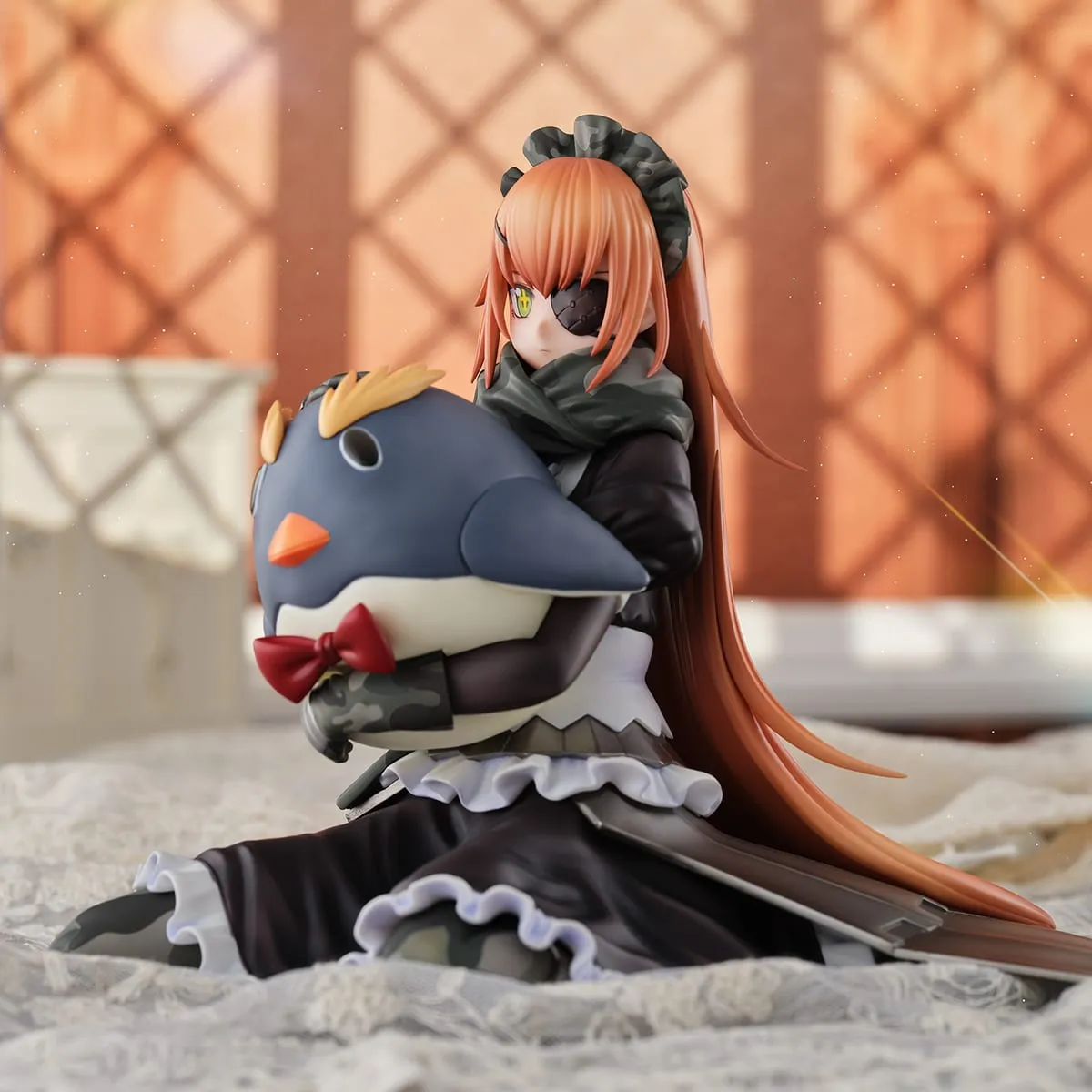 Union Creative 1/6 scale figure of Shizu Delta from Overlord, a battle maid with long dark hair and an eyepatch-style visor in a black and white maid uniform with a wide skirt, seated and holding a plush toy, official product photo