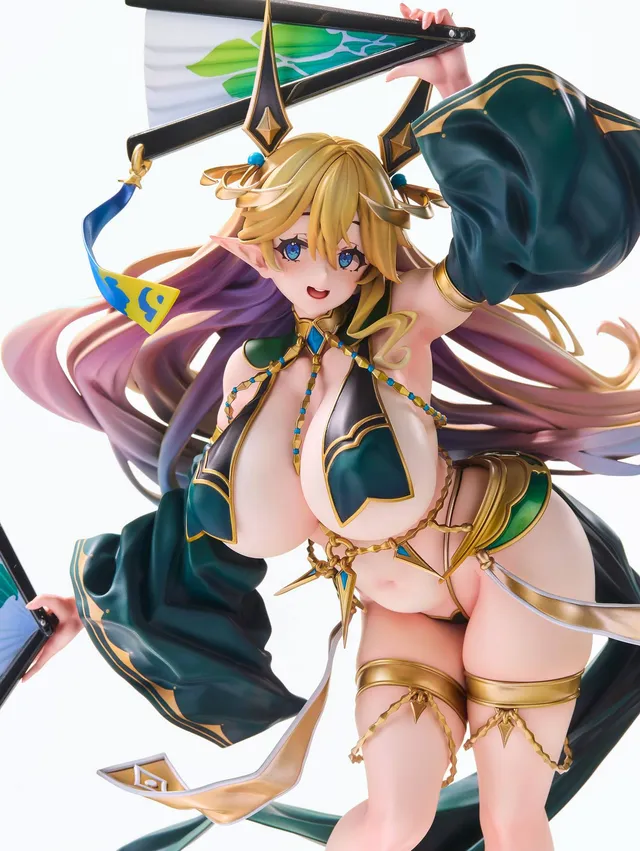 Vertex 1/6 scale Elf Village 20th Villager Baira figure, a dancer elf in a green and gold costume holding a fan, official product photo