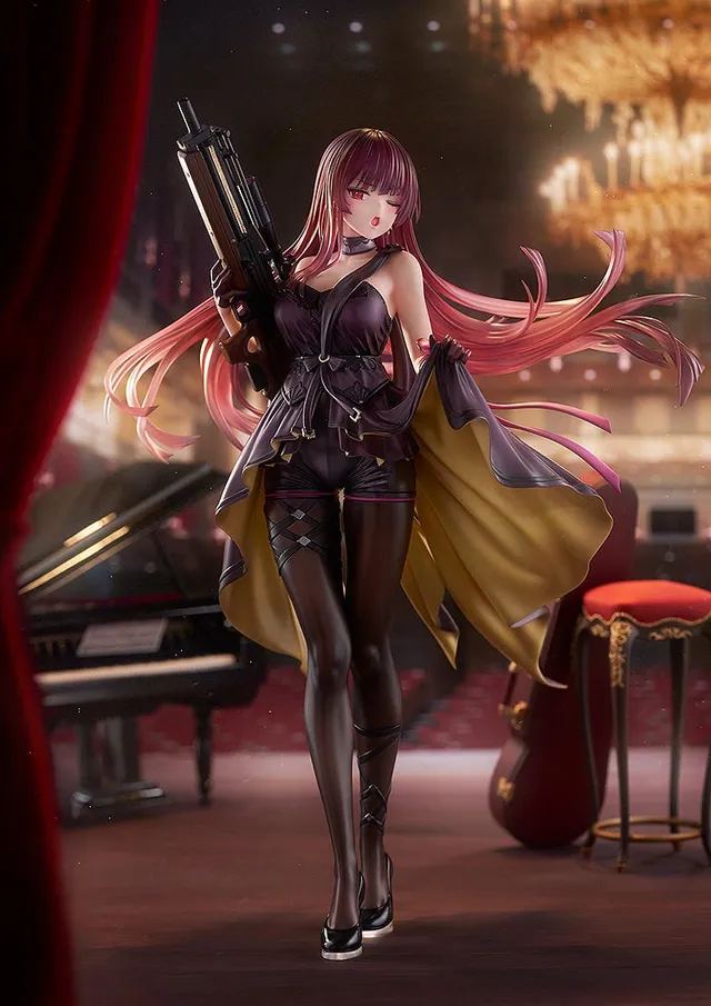Wonderful Works 1/7 scale Makiatto: Ballroom Interlude Ver. figure from Girls' Frontline 2: Exilium, official product photo of the figure holding a sniper rifle in a concert-hall diorama